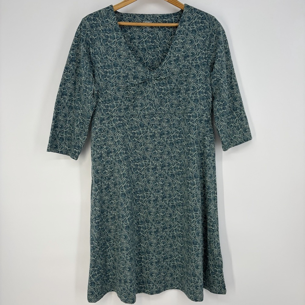 Toad & Co Dress L Green Rosalinda SW Geo Print A-Line 3/4-Sleeve Organic Cotton